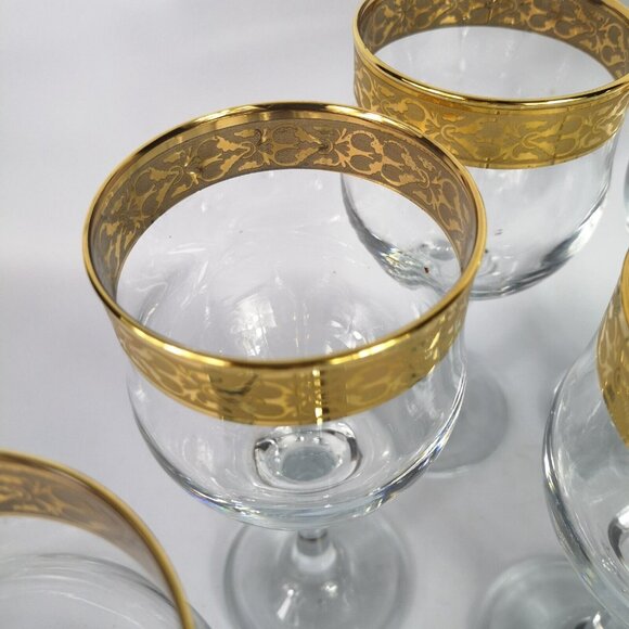 Vintage Italian Gold Rim Etched Hand Blown Crystal Stemmed Wine Glasses Set Of 6 - Picture 5 of 7